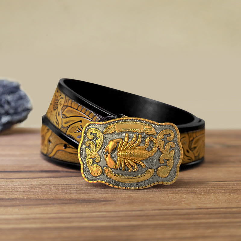Ceinture en cuir à boucle scorpion doré pour homme