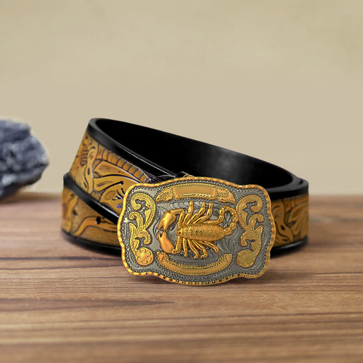 Ceinture en cuir à boucle scorpion doré pour homme