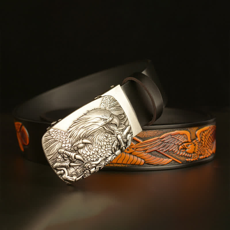 Ceinture en cuir à boucle automatique vintage pour homme avec ailes d'aigle