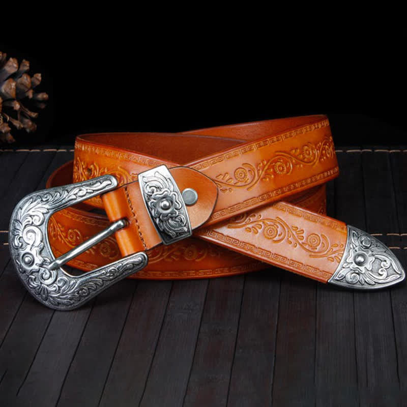 Ceinture unisexe en cuir à imprimé floral et texture rustique