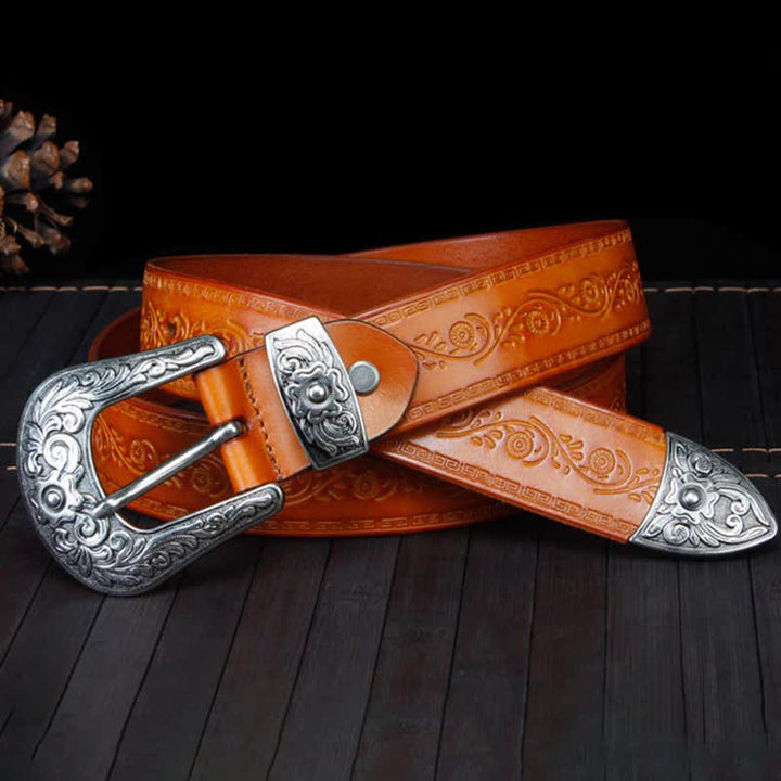 Ceinture unisexe en cuir à imprimé floral et texture rustique