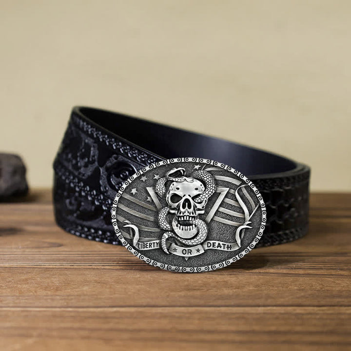 Ceinture en cuir à boucle tête de mort et serpent « Liberty or Death » pour homme