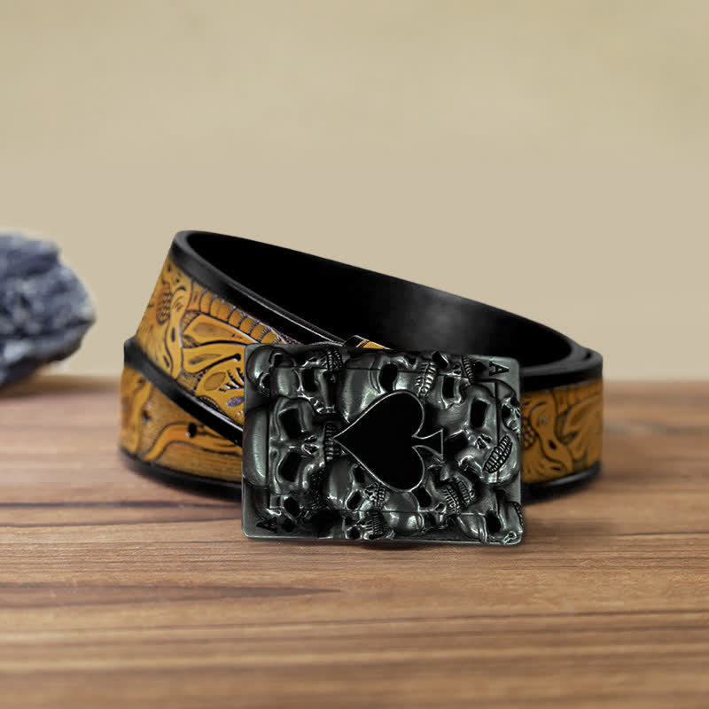 Ceinture en cuir à boucle tête de mort pour homme avec motif as de pique