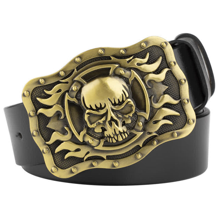 Ceinture rectangulaire en cuir pour homme avec tête de mort et flammes
