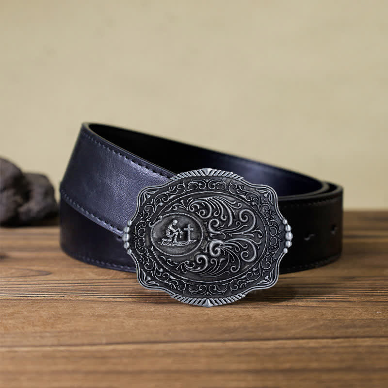 Ceinture en cuir à boucle gravée pour homme avec motif floral et prière sincère
