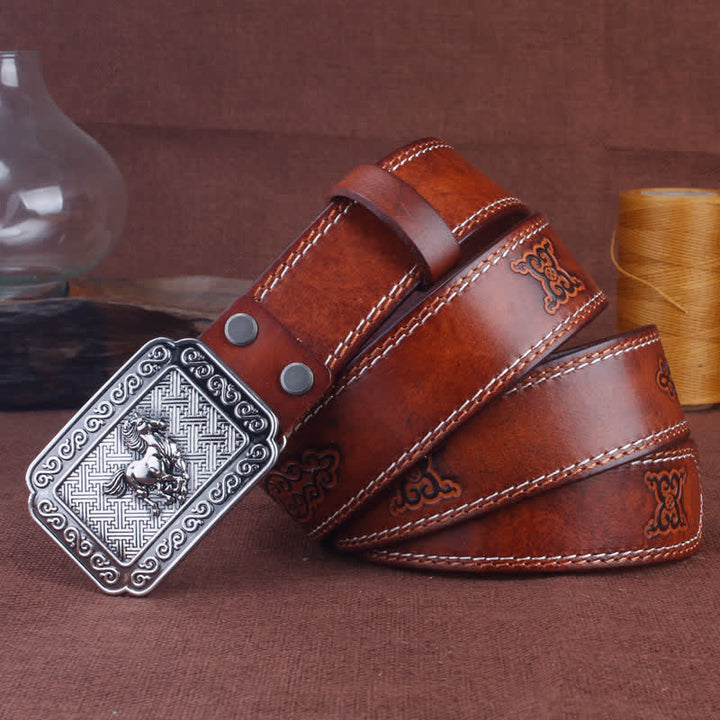 Ceinture en cuir de cheval argenté ethnique pour homme avec motif cowboy