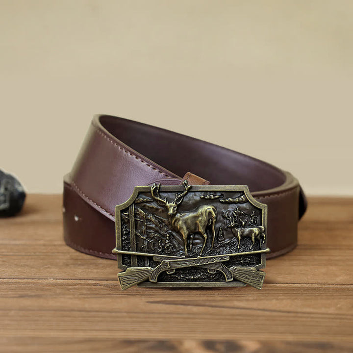 Ceinture en cuir à boucle pour homme avec fusil de chasse et cerf