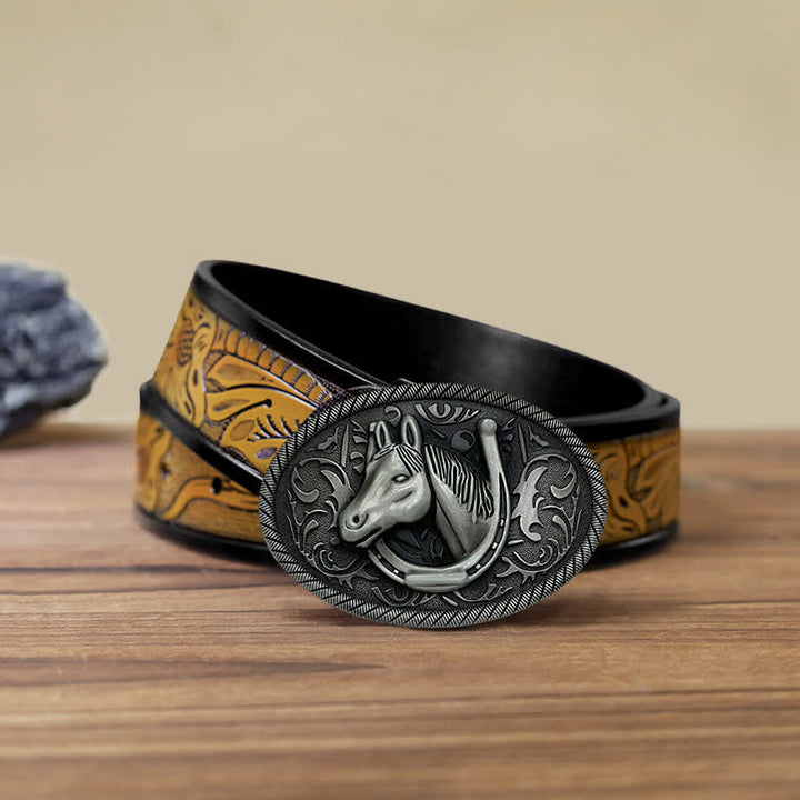Ceinture en cuir à boucle en fer à cheval argentée antique pour homme