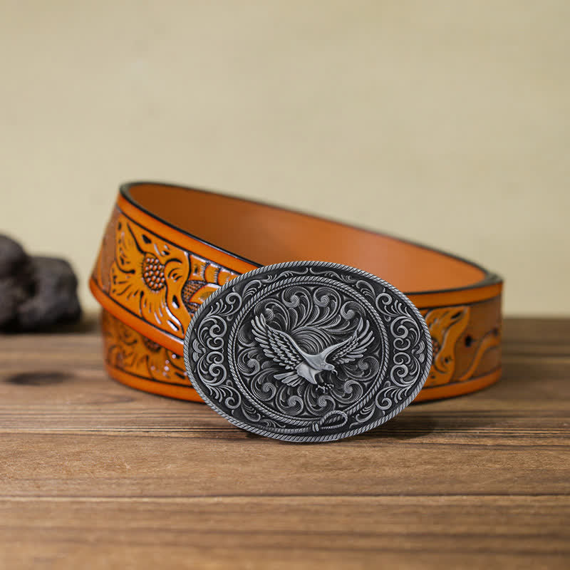 Ceinture en cuir à boucle florale gravée Soaring Eagle pour homme