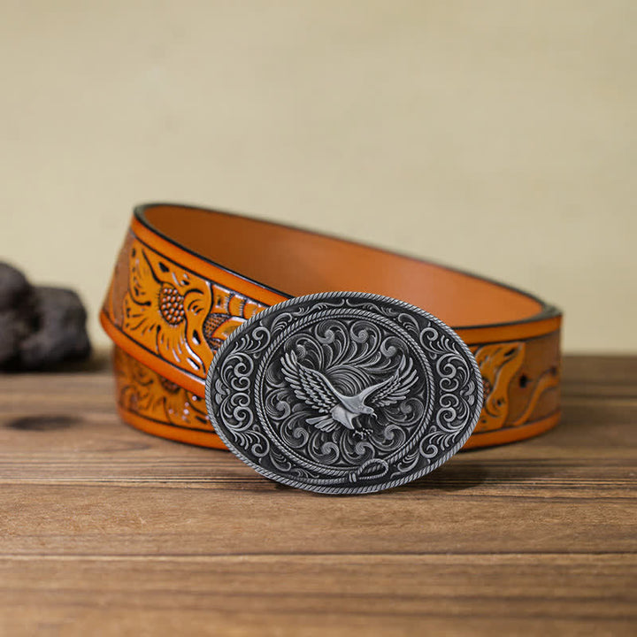 Ceinture en cuir à boucle florale gravée Soaring Eagle pour homme