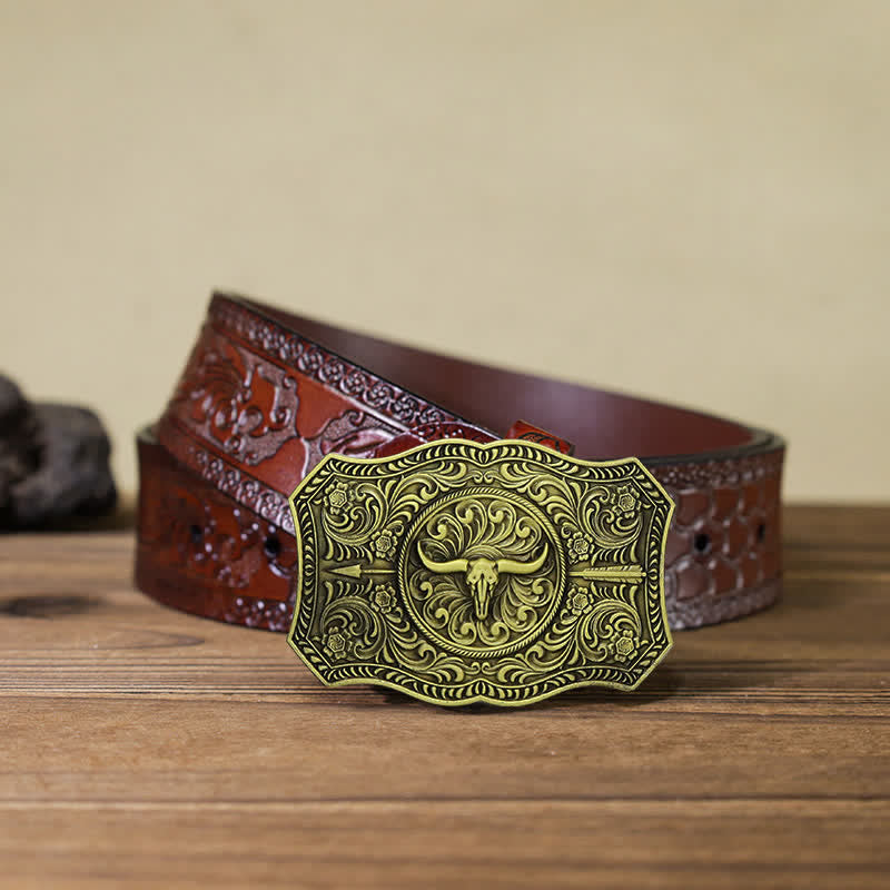 Ceinture en cuir à boucle en forme de flèche de taureau à longue corne pour homme