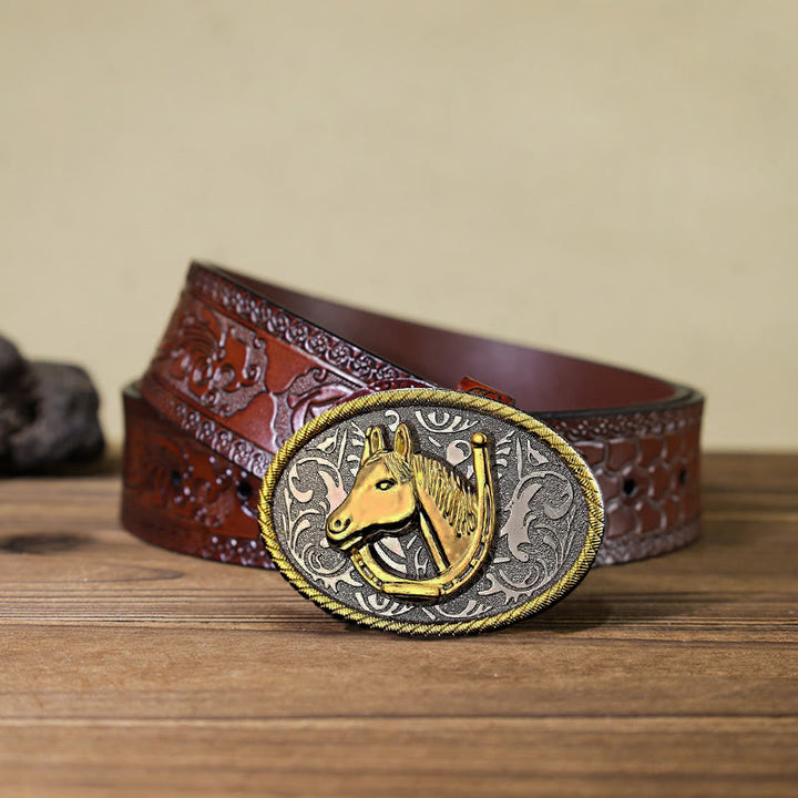 Ceinture en cuir à boucle en forme de fer à cheval doré pour homme
