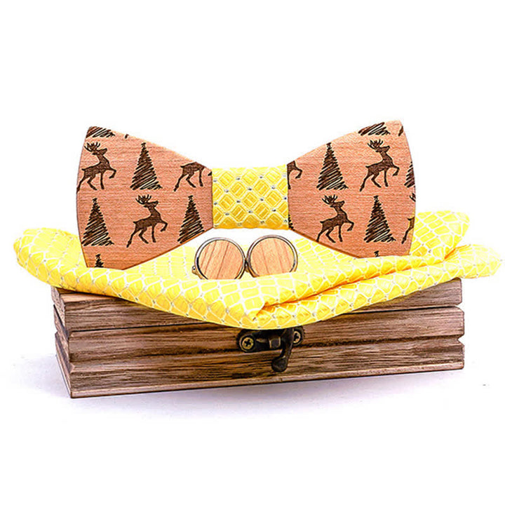 Lot de 3 nœuds papillon en bois à motif cerf et sapin de Noël pour homme