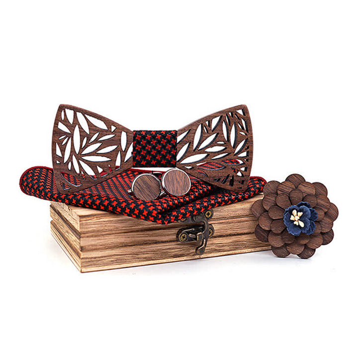 Lot de 4 nœuds papillon en bois à motif de feuilles creuses pour homme