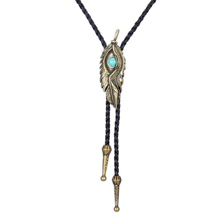 Cravate bolo en forme de plume avec incrustation de pierre turquoise bleue