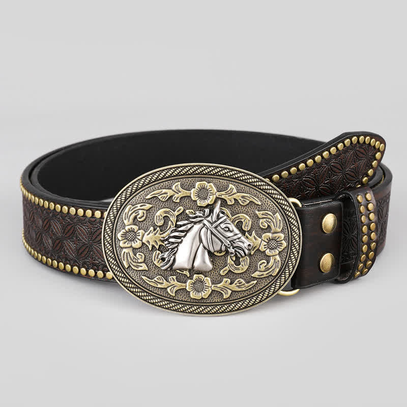 Ceinture en cuir pour homme avec motif tête de cheval et détails floraux