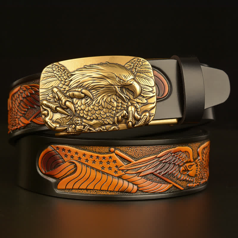 Ceinture en cuir à boucle automatique vintage pour homme avec ailes d'aigle
