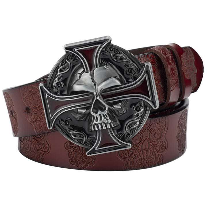 Ceinture en cuir à motif tête de mort en relief pour homme
