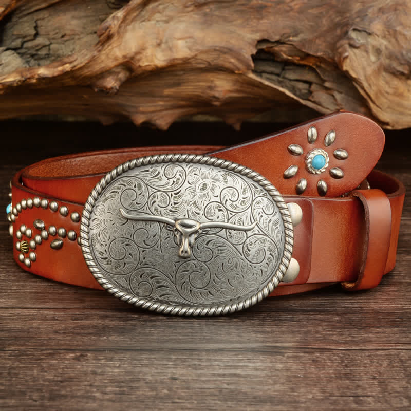 Ceinture en cuir véritable turquoise à rivets punk pour homme avec taureau à longues cornes