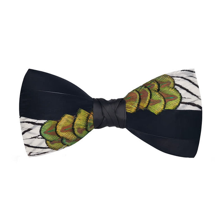 Nœud papillon patchwork en plumes de paon noir et blanc