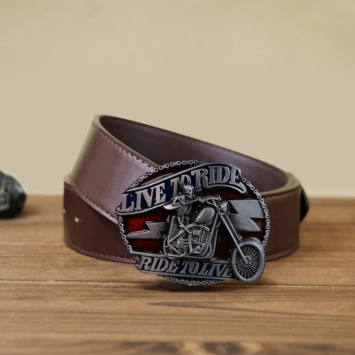 Ceinture en cuir à boucle pour homme avec tête de mort et motard Live to Ride