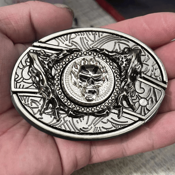 Ceinture en cuir pour homme avec tête de mort rotative et couteau pliant