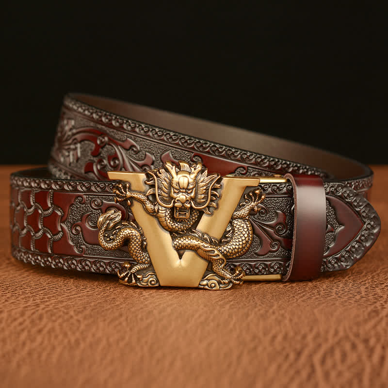 Ceinture en cuir avec motif dragon en relief et lettre V pour homme