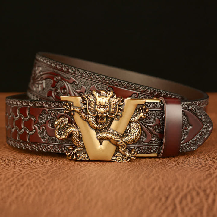 Ceinture en cuir avec motif dragon en relief et lettre V pour homme