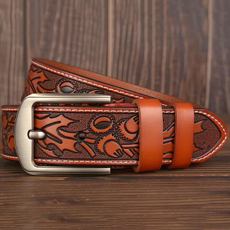 Ceinture en cuir à motif floral en relief pour homme