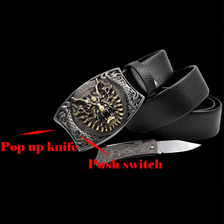 Ceinture en cuir pour homme avec dragon courageux et couteau pliant