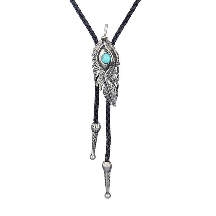 Cravate bolo en forme de plume avec incrustation de pierre turquoise bleue
