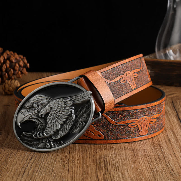 Ceinture en cuir avec boucle en forme d'aigle à tête sculptée blanche pour homme