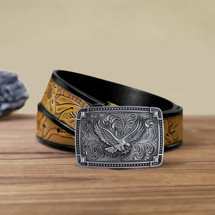 Ceinture en cuir à boucle pour homme avec motif d'aigle planant dans un ciel de rêve