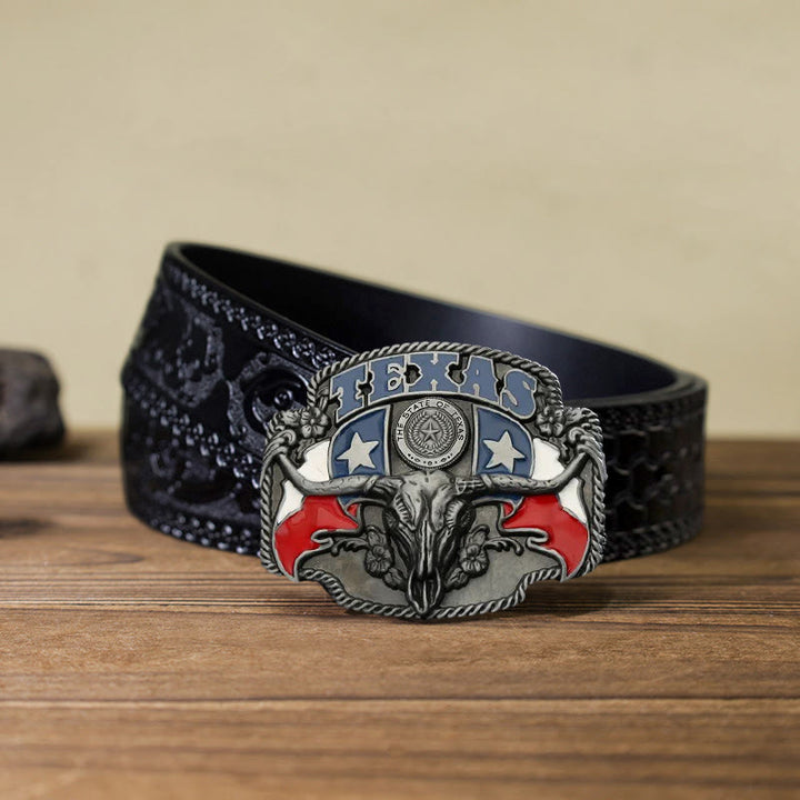 Ceinture en cuir à boucle pour homme avec drapeau du Texas Longhorn Bull
