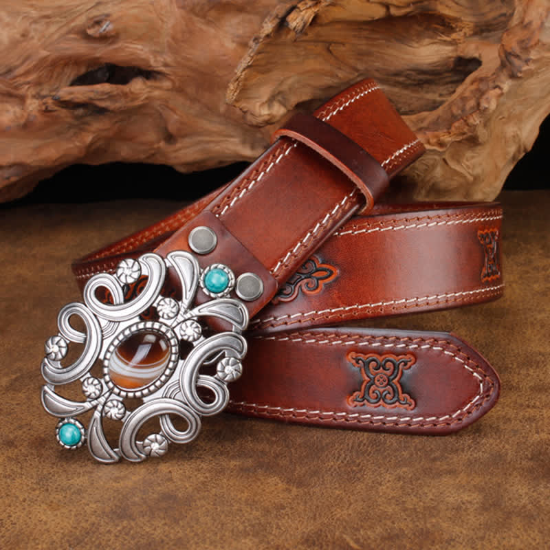 Ceinture unisexe en cuir avec pierre d'agate et fleur creuse turquoise