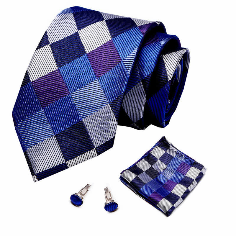 Ensemble de 3 cravates modernes à carreaux bleus et gris pour hommes 
