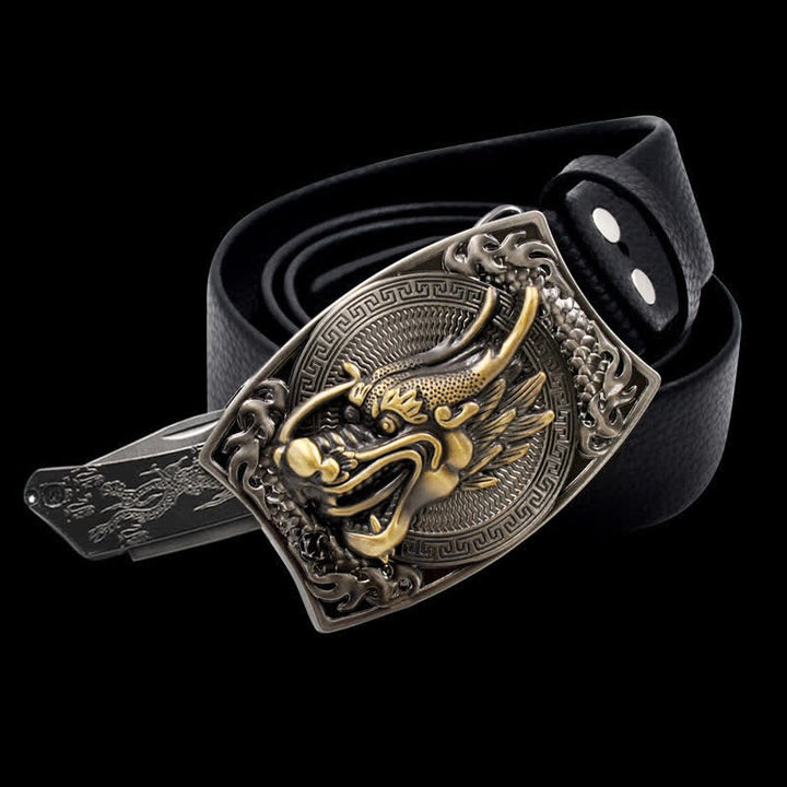 Ceinture en cuir pour homme avec tête de dragon dorée et couteau pliant