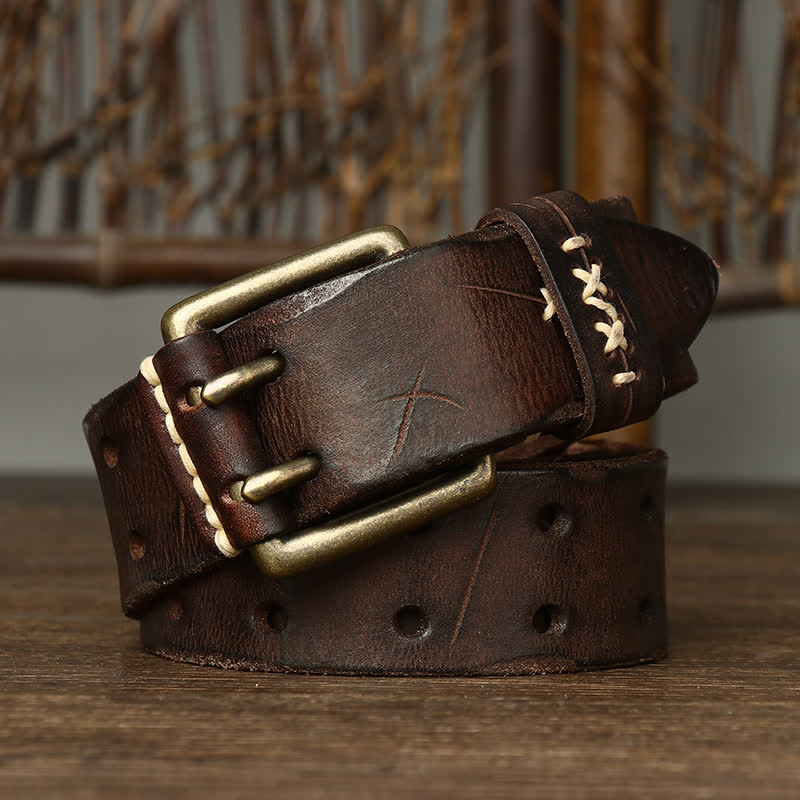 Ceinture en cuir à double boucle pour homme, effet vieilli