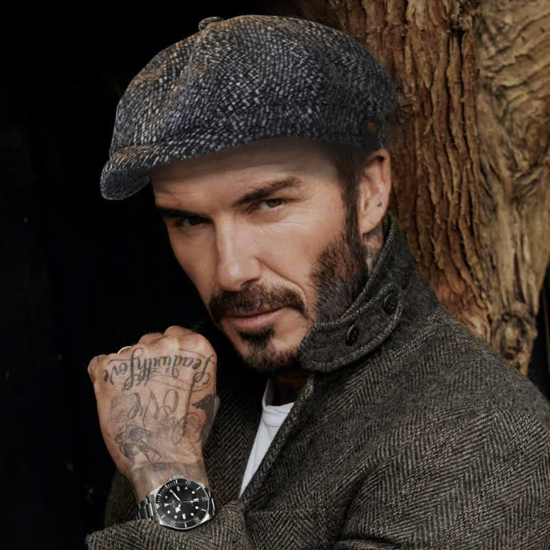 Casquette béret octogonale en tweed moucheté noir