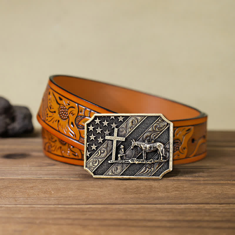Ceinture en cuir à boucle de cheval avec croix de prière et drapeau américain pour homme