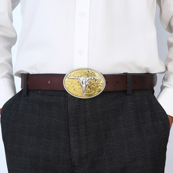 Ceinture en cuir à boucle tête de taureau dorée brillante pour homme