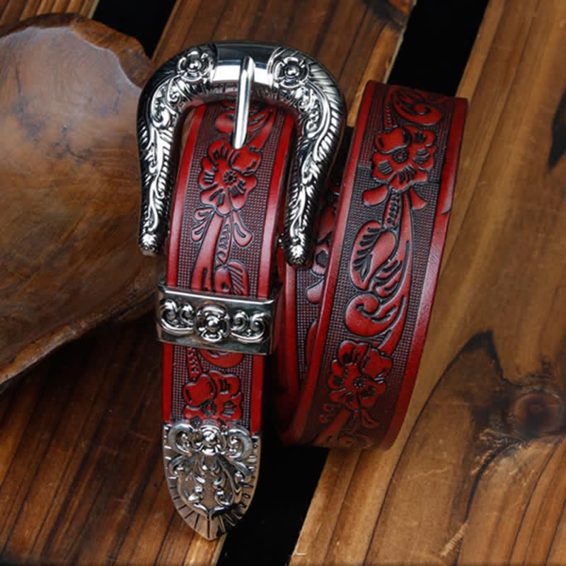 Ceinture unisexe vintage en cuir avec petit motif rose en relief
