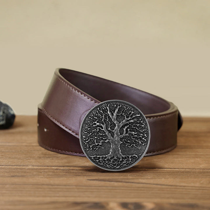 Ceinture en cuir à boucle ronde pour homme avec motif arbre de vie