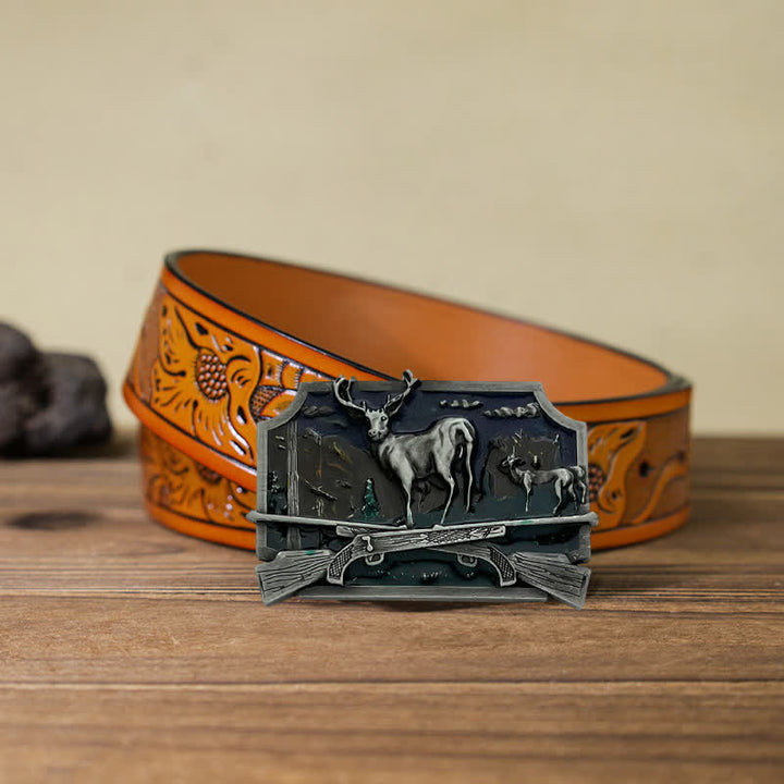 Ceinture en cuir à boucle pour homme avec fusil de chasse et cerf