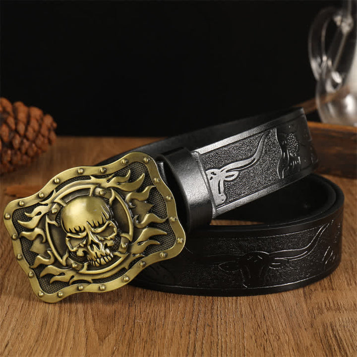 Ceinture en cuir tendance pour homme avec tête de mort et flamme