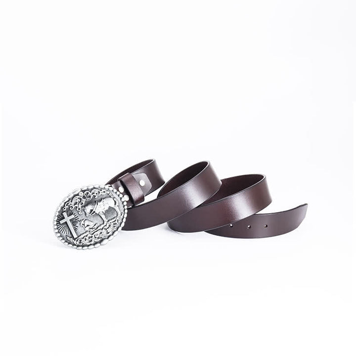 Ceinture en cuir pour homme avec croix de prière à genoux