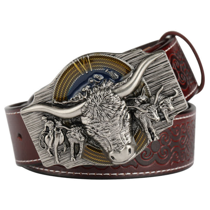 Ceinture en cuir gaufré pour homme avec motif taureau Longhorn - Marron / Argent - 46 - image 8