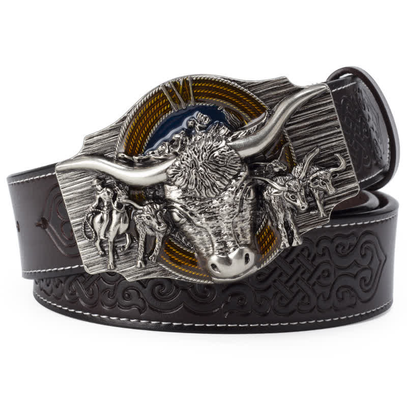 Ceinture en cuir gaufré pour homme avec motif taureau Longhorn - Café / Argent - 46 - image 7