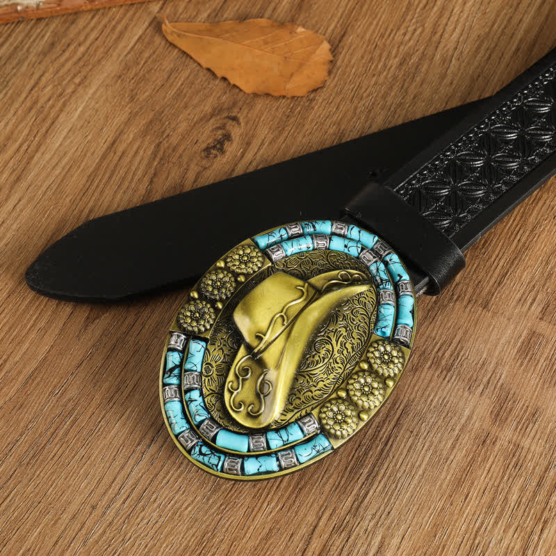 Ceinture en cuir avec chapeau de cowboy doré pour homme et décor turquoise