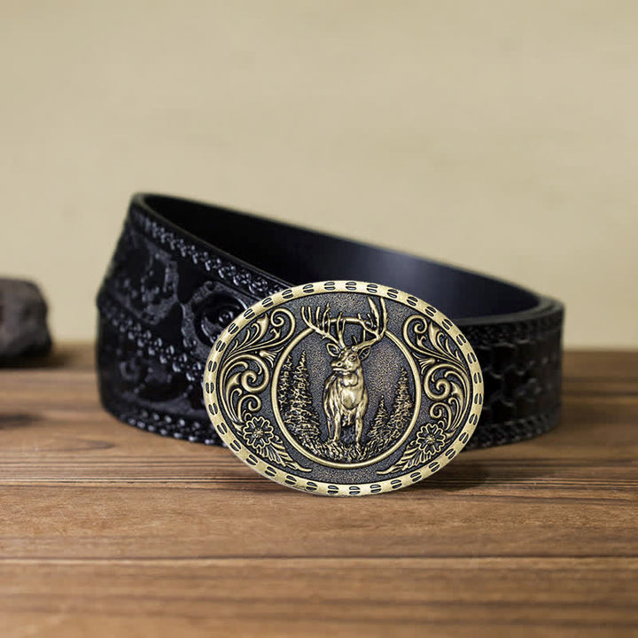 Ceinture en cuir à boucle drapeau américain pour homme avec motif de chasseur de cerfs